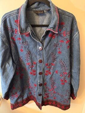 new directions Blue Denim Jacket with Red Floral Embroidery